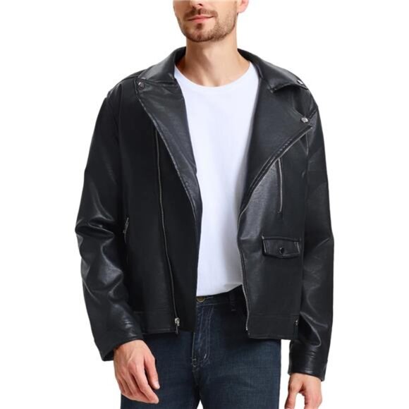 Men's Leather Jackets, Faux Bomber Jacket for Men Motorcycle Lapel - Picture 1 of 7